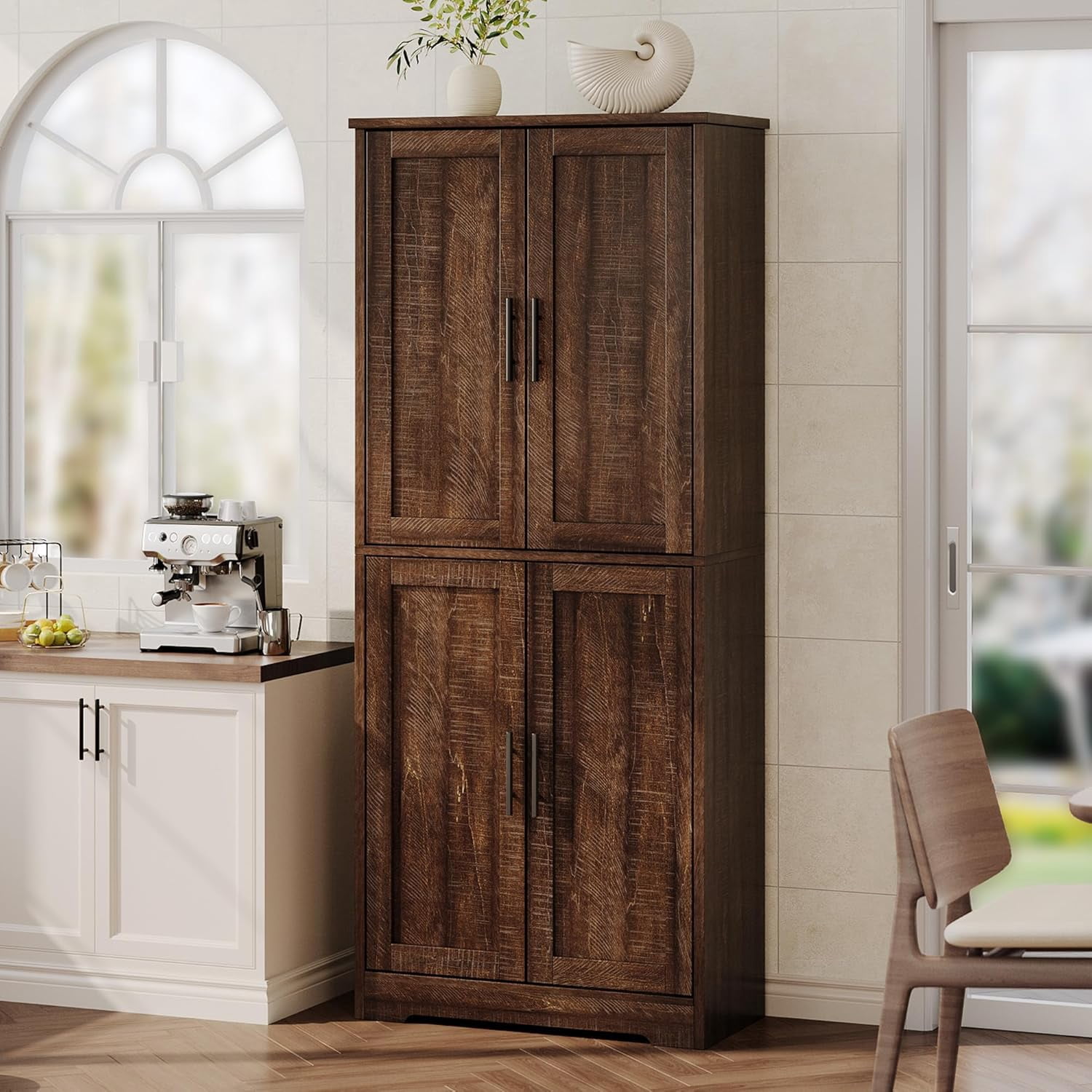 70 Inch Tall Kitchen Pantry Cabinet, Freestanding Storage Cabinet with 4 Doors and Adjustable Shelves, Utility Hutch Cupboard for Dining Room, Bathroom, Living Room