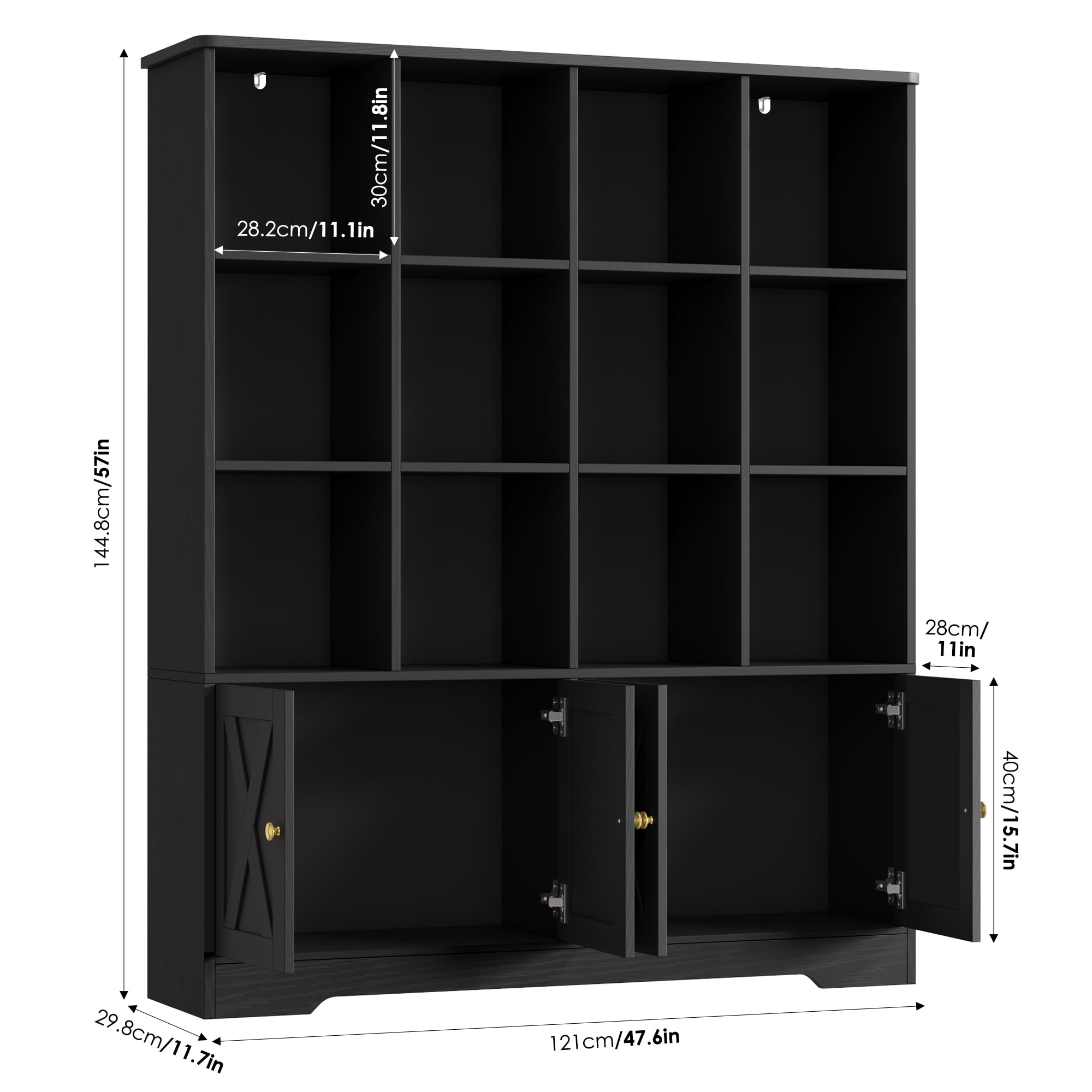 Homfa 12 Cube Double Wide Bookcase with Doors, 3 Tier Library Cabinet & Bookshelves for Home Office Living Room, Black