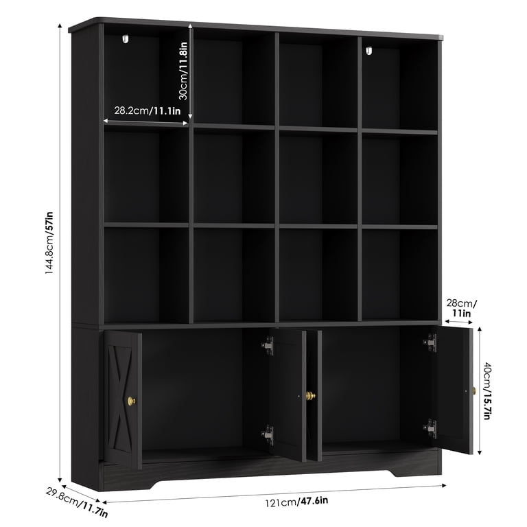 Homfa 12-Cube Double Wide Bookcase with Doors, Black photo 3