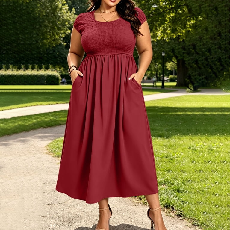 midi dresses for curvy ladies Asdoklhq Plus Size Women Casual Fall Plus Size Neck Smocked Dress Short Sleeve Flowy Casual Maxi Dress with Pockets Wine 5X 251016