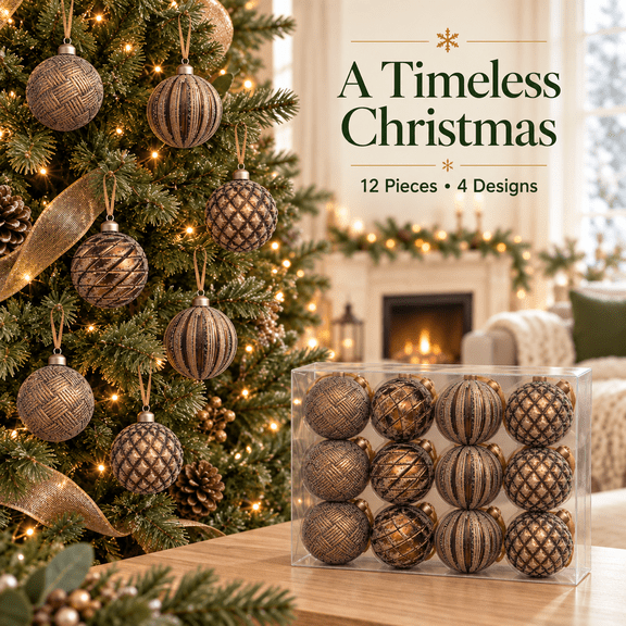 KFUIRDE Vintage Painted Christmas Ornaments Set 12pc, Warm Brown Retro Tree Decor with Shatterproof Hanging Balls, Vintage Style Accents for Christmas Tree Mantel Wreath, Holiday Display