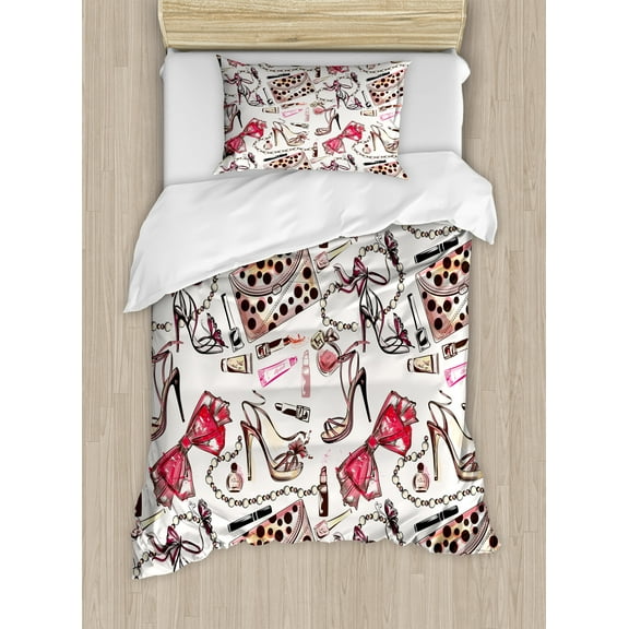 Ambesonne Fashion Duvet Cover Set, Feminine Beauty Items, Twin, Black Pink Tan