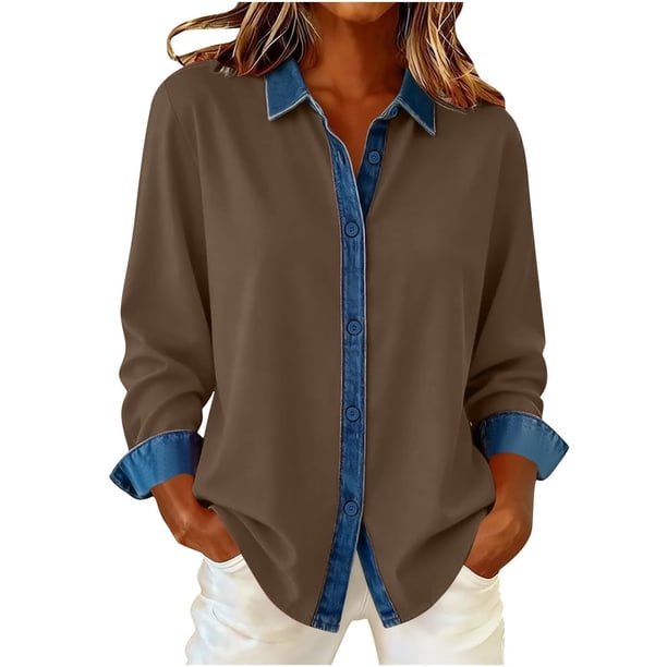 Camisas de retales de mezclilla for mujer, camisa con botones de solapa, blusa informal de negocios de manga larga con bloques de color sueltos