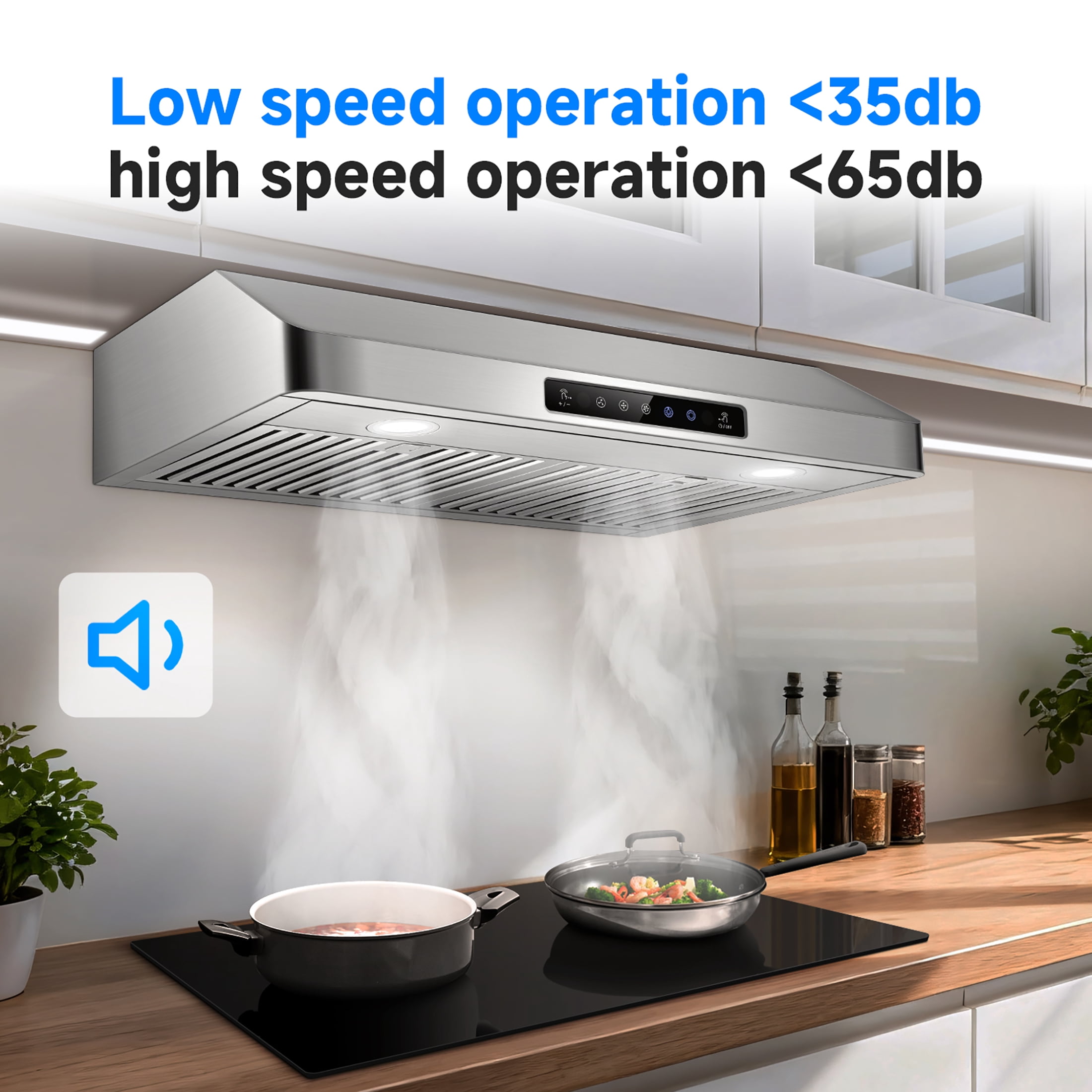 AAOBOSI 30" Under Cabinet Range Hood, Upgraded Motor, 3-Speed Stainless Steel Kitchen Vent Hood with Gesture & Touch Control, LED Lights