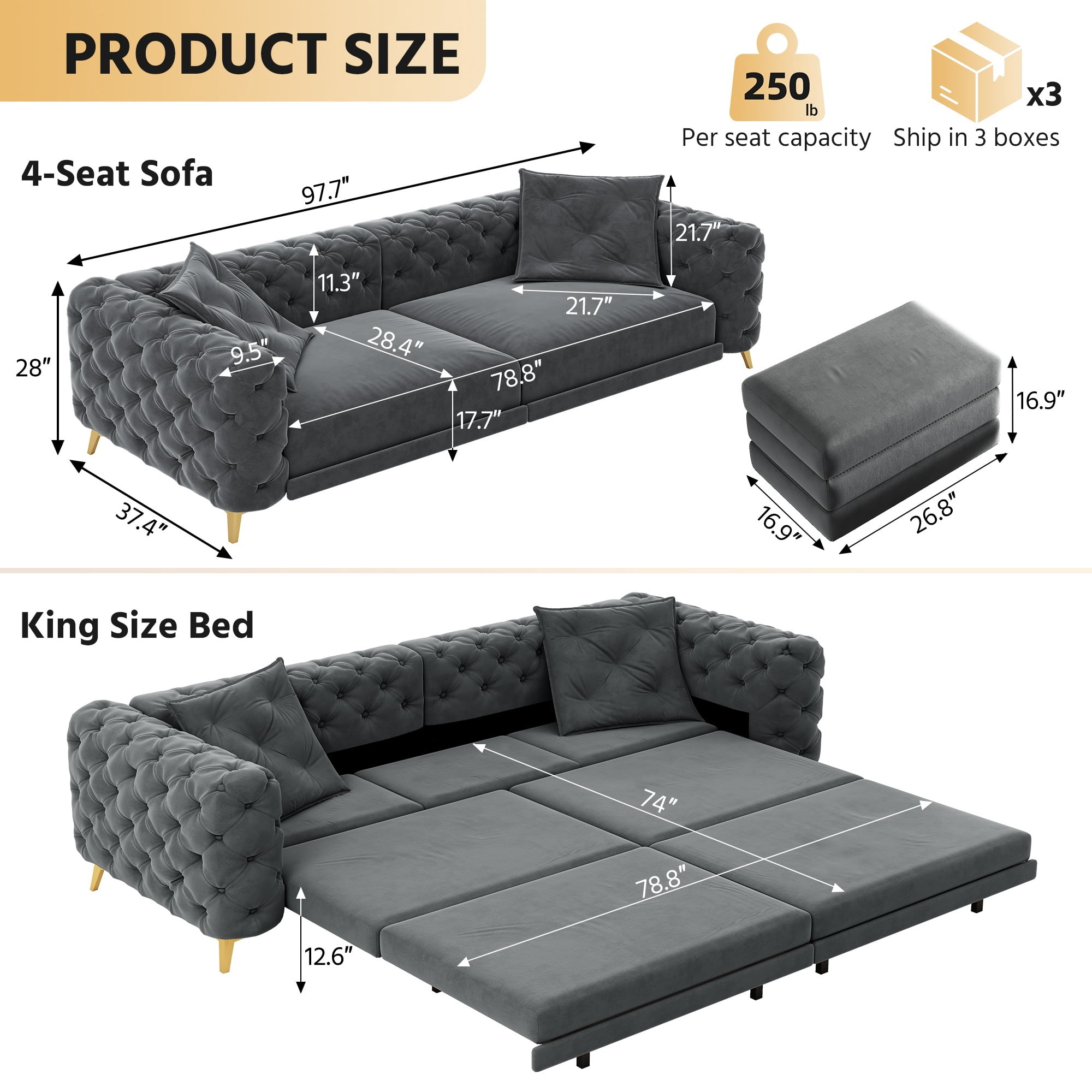 avobird 97" Overside Convertible Sofa, 3 in 1 Pull Out Sleeper Sofa Bed with Movable Ottoman, Button Tufted Modern Sofa for Living Room, Dark Gray