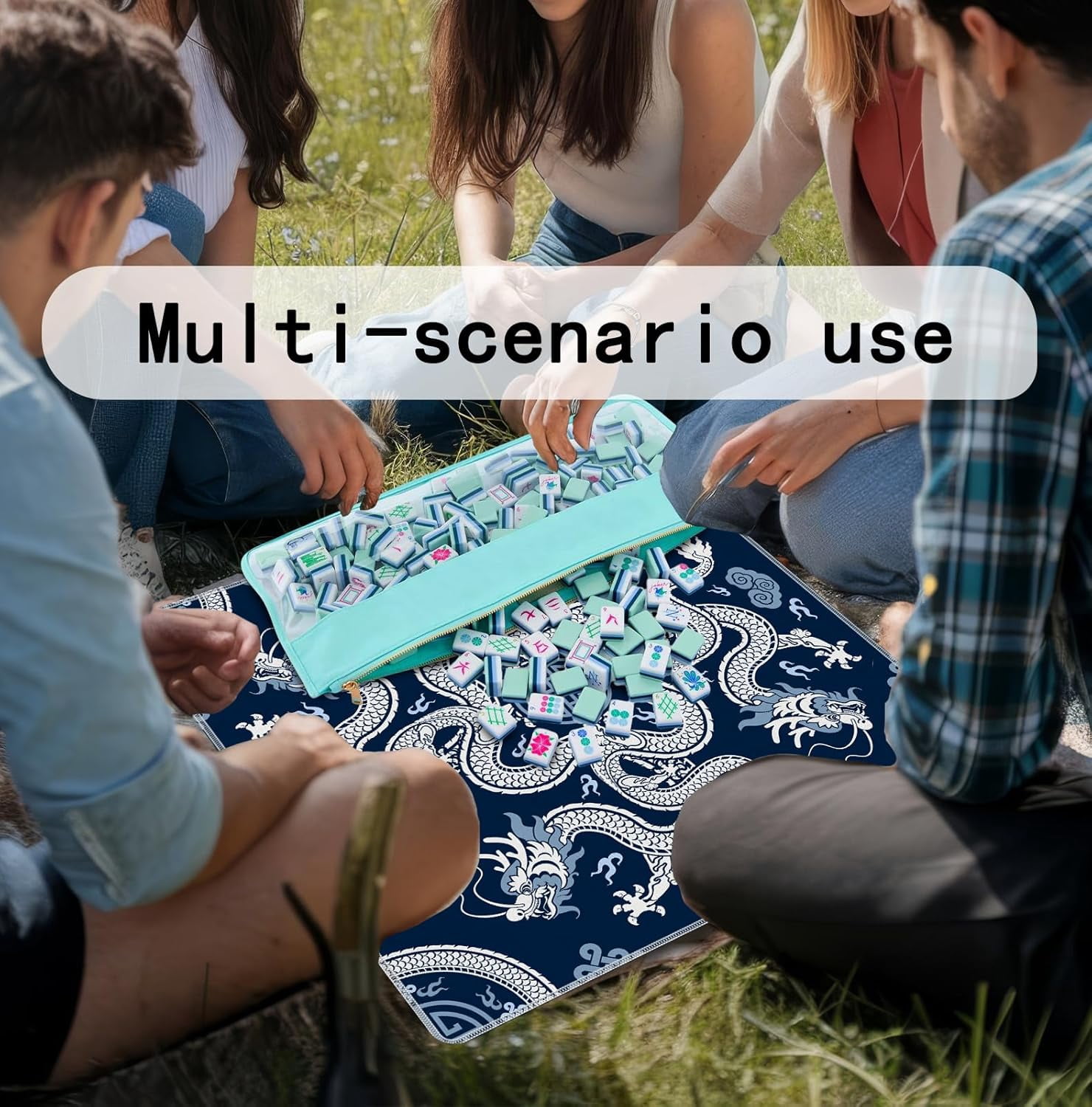 Blue Chinese Dragon Mahjong Mat 31.5" x 31.5", Vintage Oriental Chinoiserie Non-Slip Noise Reduction Mahjong Table Cover Accessories Supplies for Dominoes Poker Card Board and Tile Games Gifts