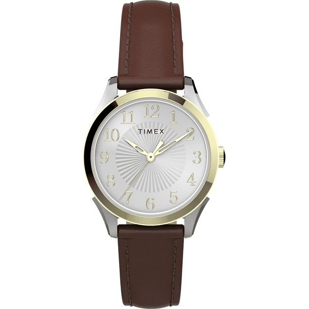 Timex Women's Briarwood 28mm Watch – Two-Tone Case Silver-Tone Dial with  Brown Genuine Leather Strap