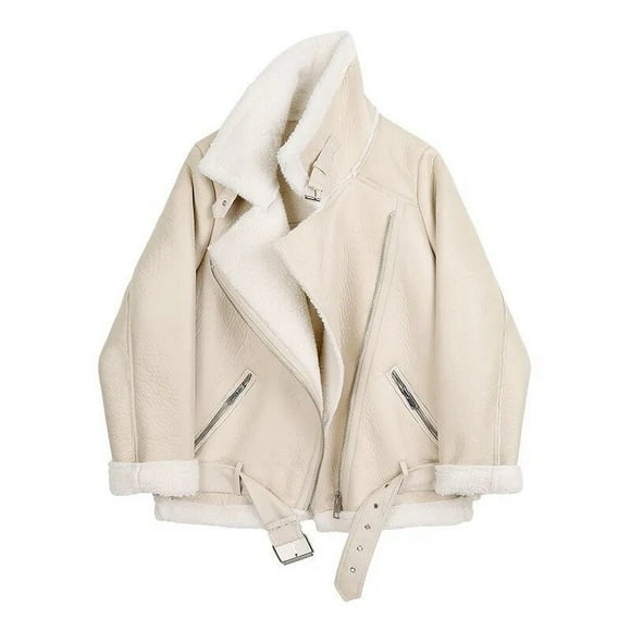 Coats Women Thickness Faux Leather Fur Sheepskin Female Fur Leather Jacket Aviator Outwear Casaco Feminino - Beige / M / China