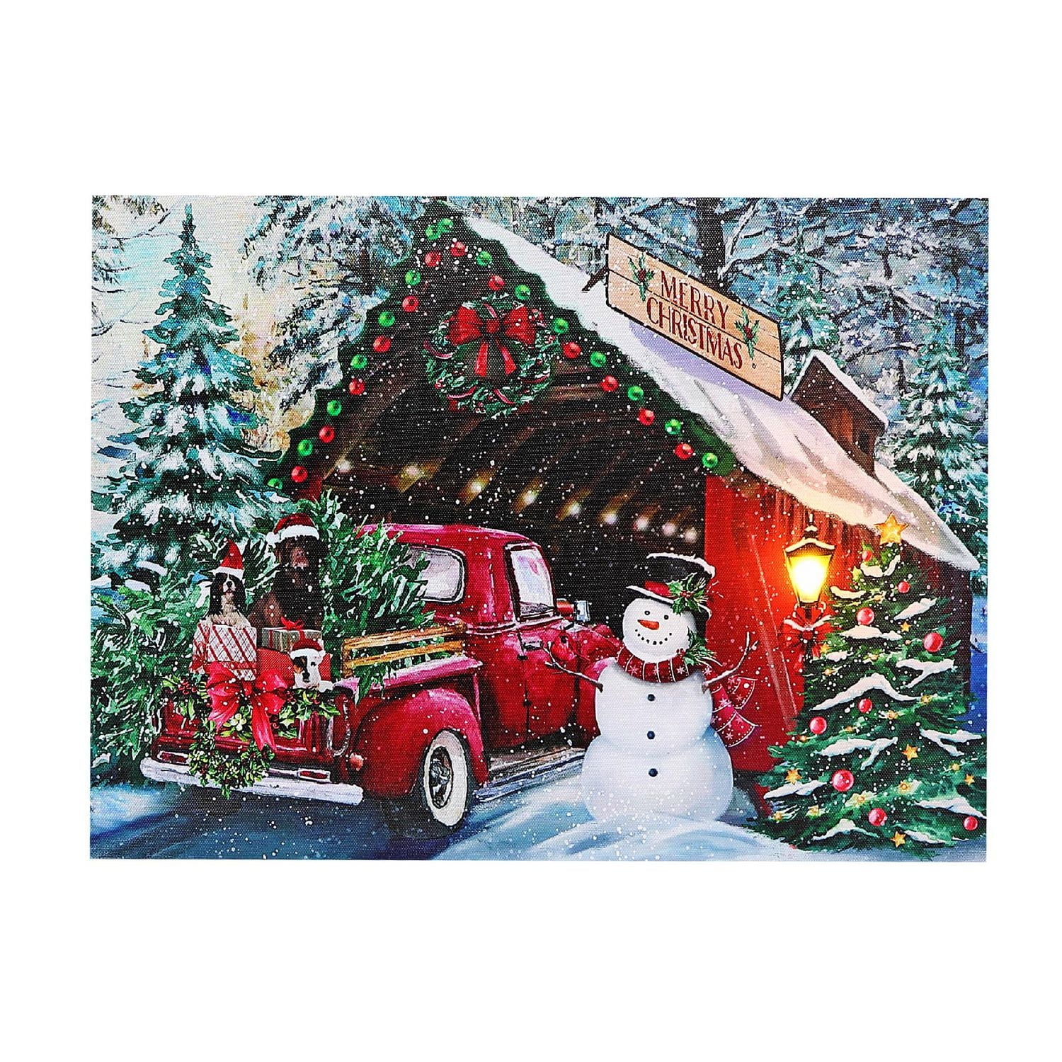 Christmas Led Canvas Wall Art Red Car With Snowman 12X16