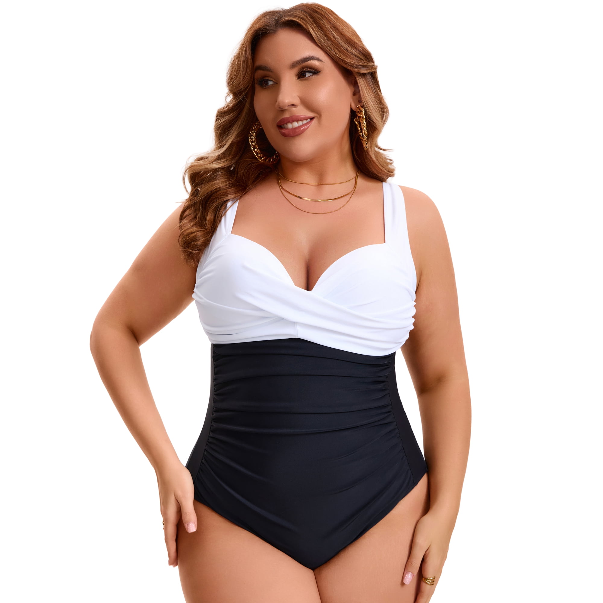 DARING DIVA Women's Plus 1 Piece Crisscross V-neck Swimsuit 1X Black White