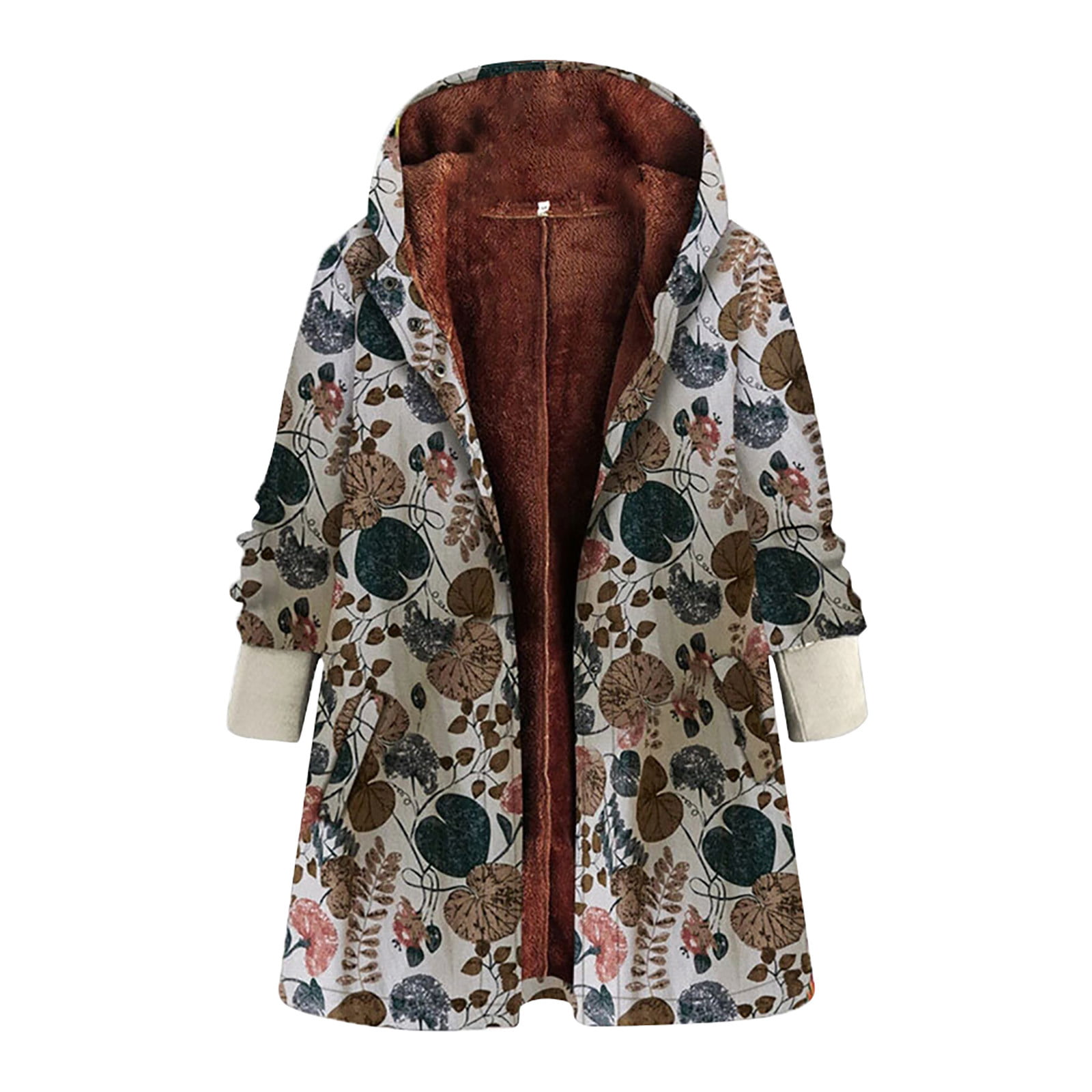 Womens Winter Warm Coat Plus Size Vintage Floral Print Hooded Pockets Fleece Thick Coats Jackets Outwear Parka 