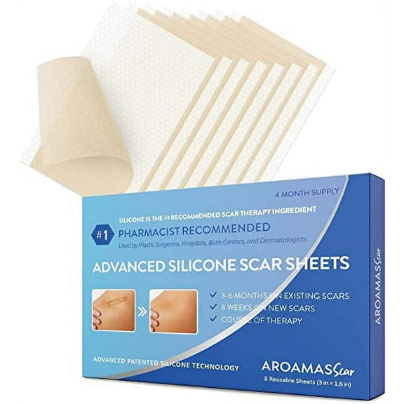 Aroamas Professional Silicone Scar Sheets, Soften and Flattens Scars Resulting from Surgery, Injury, Burns, Acne, C-section and more, Soft Silicone Scar Strips, 3" X 1.57", 8 Sheets (4 Month Supply)