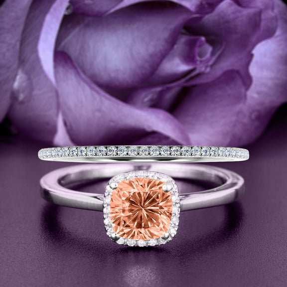 Dazzling Halo 2.05 Carat Cushion Cut Morganite And Diamond Moissanite Engagement Ring, Wedding Ring, One Matching Band in 925 Sterling Silver With Plain 18k White Gold Plating Shank, Bridal Ring