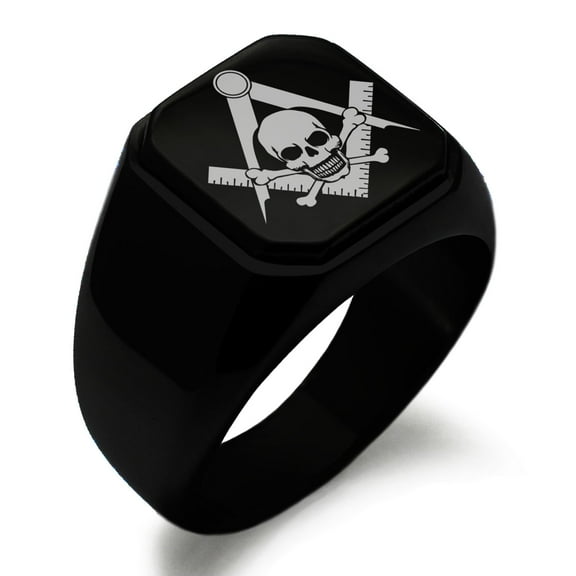 Stainless Steel Freemasons Masonic Skull & Crossbones Engraved Square Flat Top Biker Style Polished Signet Ring