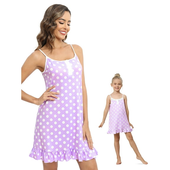 EFINNY Nightgowns Mom and Daughter Matching Family Sleeveless Nightdress Polka Dot Suspender Nightdress for Women S-XXL