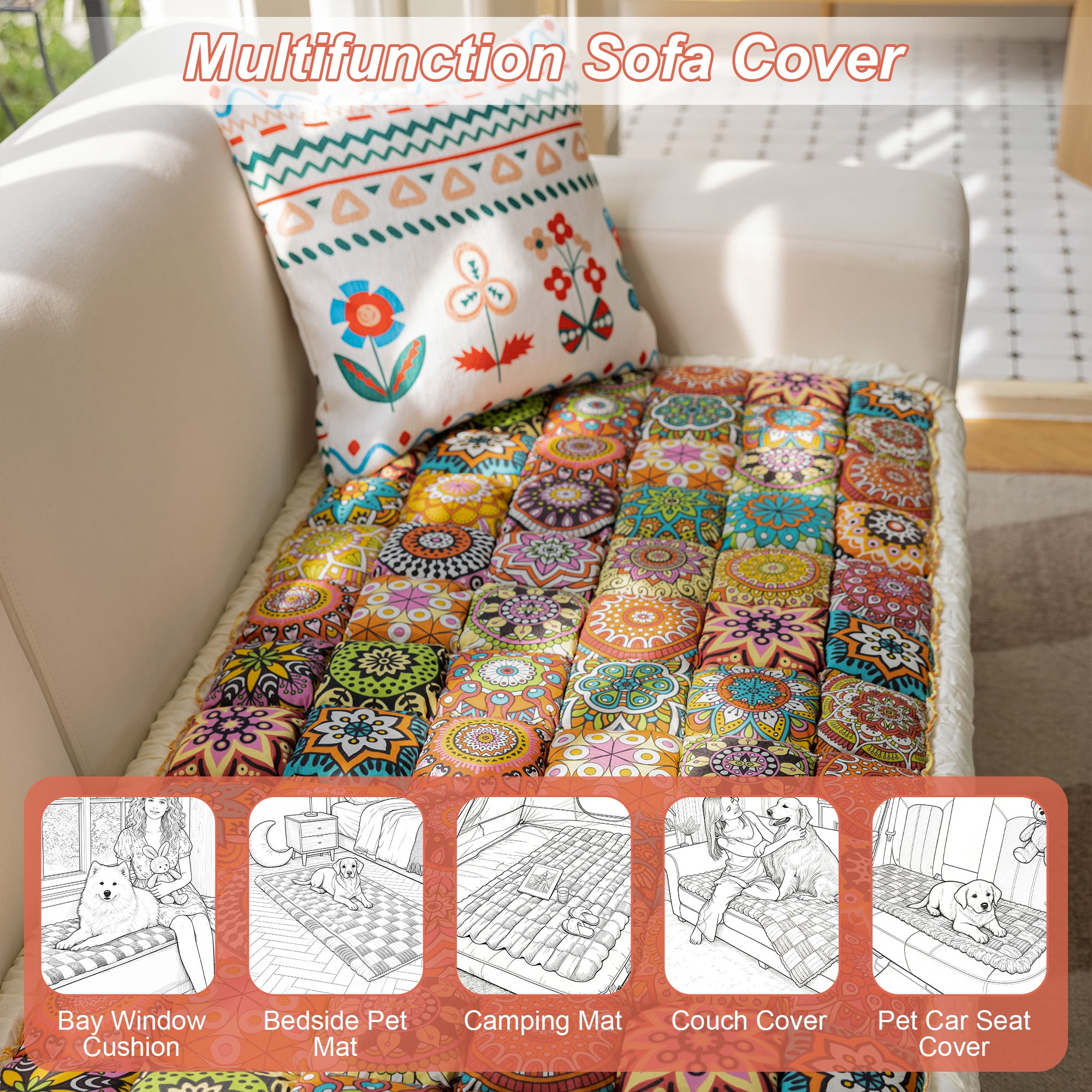 Sanmadrola Couch Cover Sofa Cover Slipcover Furniture Protector Washable Fuzzy Pet Couch Covers for Dog Cat Pet Non Slip 3 Cushion Couch Sofa Covers Bohemian Style
