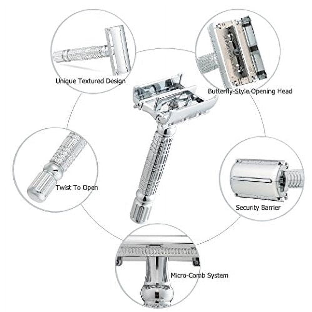Bigfoot Shaves I Butterfly Open Double Edge Single Blade Safety Razor Kit I Classic Razor I Smooth Shave Without Razor Burns I Excellent Gift Idea I Includes Travel Case, Mirror & Blades I Silver