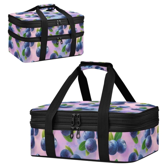 Large Double Decker Insulated Casserole Carrier Expandable 2-Layer Thermal Food Tote Bag Blueberries Pattern Hot Cold Pizza Lasagna Holder for Potluck Picnic Party Camping