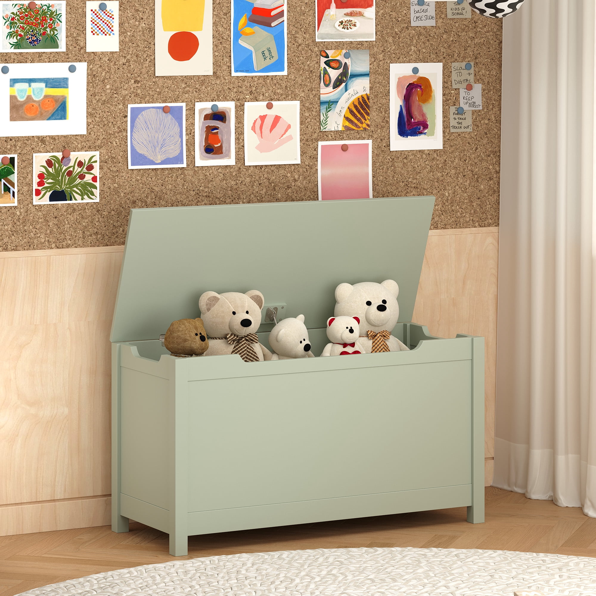 Kids Wooden Toy Storage Box with Safety Hinged Lid, MDF Toy Chest for Ages 2+, Large 2.7 Cubic Feet Storage Space, Easy Assembly