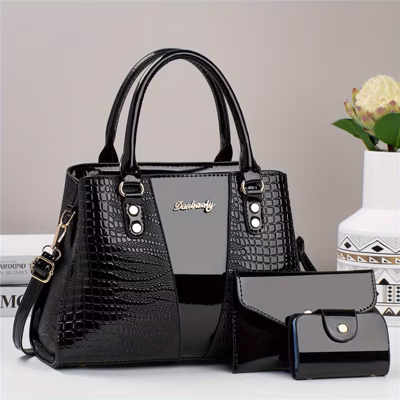 black, variant on 3pcs Set PU Crocodile Embossed Women'S Bag Set, Lightweight Women'S Shoulder Bag, Crossbody Bag, Large Capacity Women'S Handbag