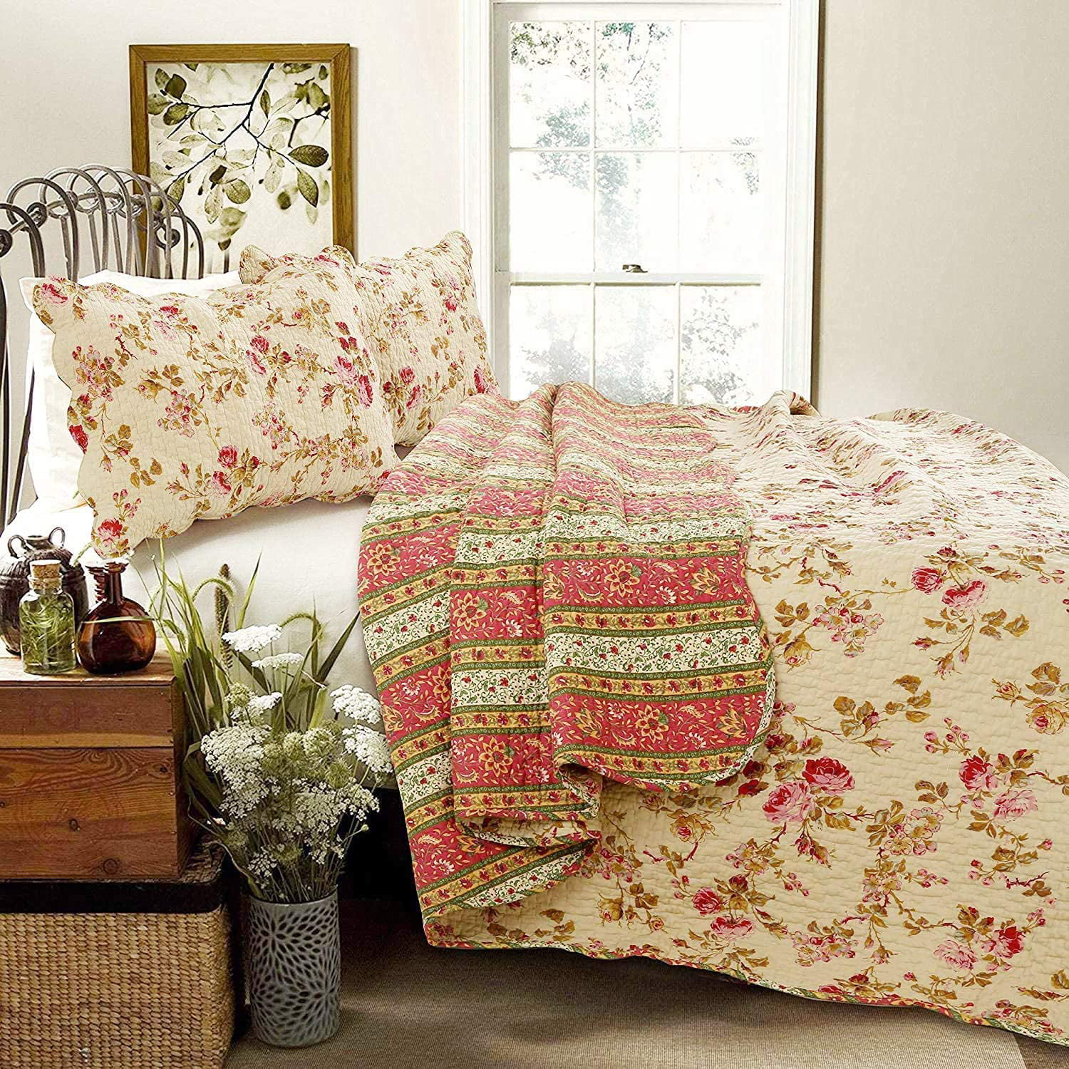 Cozy Line Home Fashions Floral Printed Reversible Cotton Quilt Bedding Set  Vintage Rose King 3 Piece 