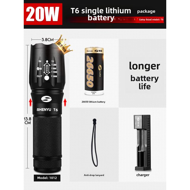 20W Rechargeable LED Flashlight with 26650 2500mAh Battery - Super Bright, 200-500M Long Range, Durable Aluminum Alloy, Compact Portable Design for Outdoor Camping, Household Emergencies & Daily Use