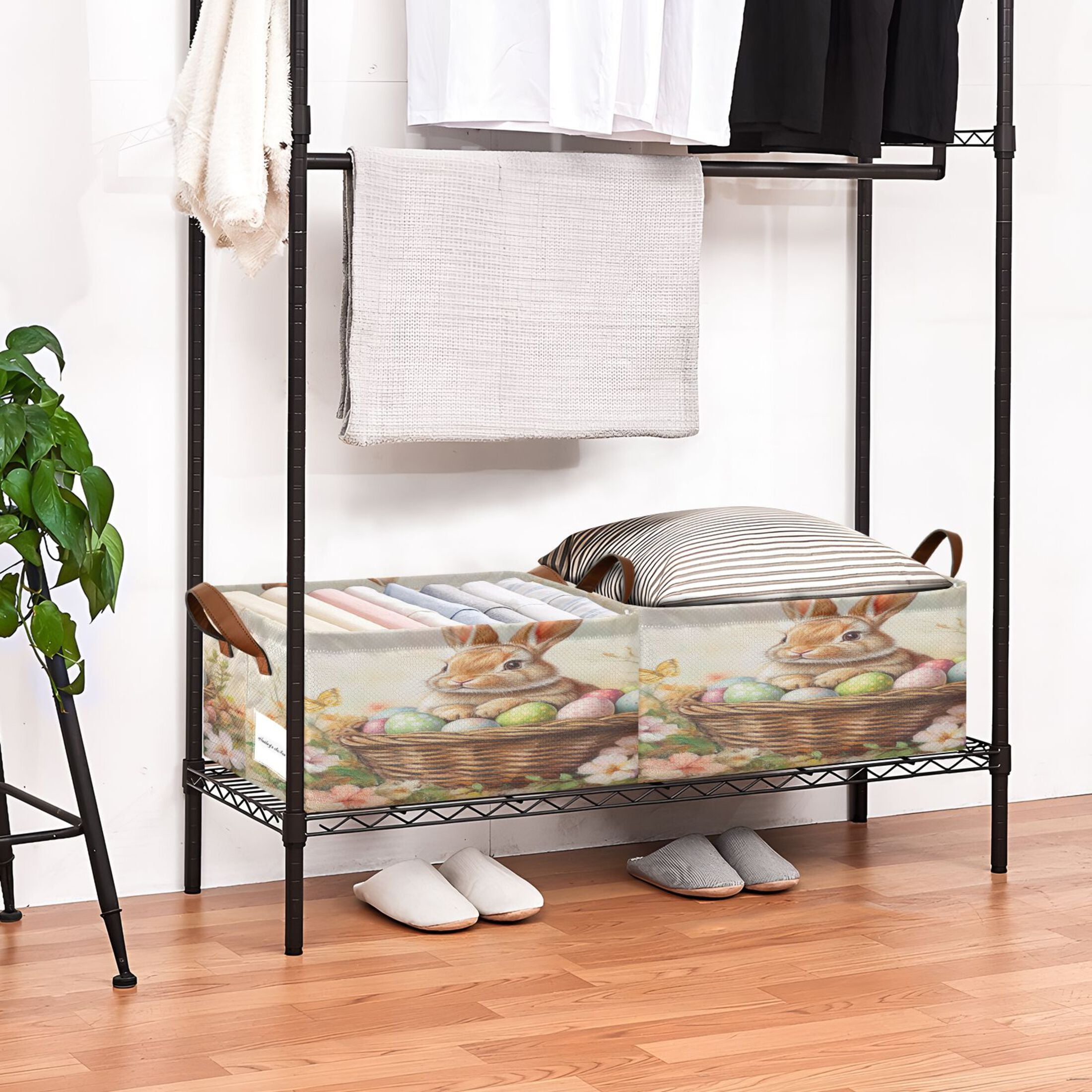Wobogo Orange Easter Rabbit Storage Basket Soccer Plaid Fabric Oversized Collapsible Hoard Box with Metal Iron Frame 16.9×11.4×7.7in