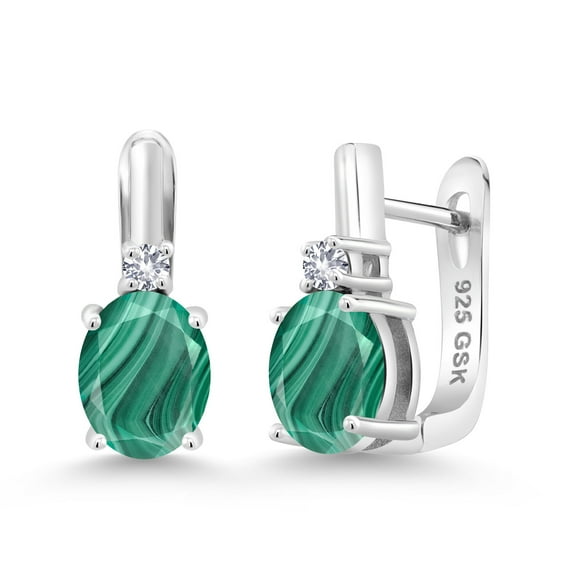 Gem Stone King 925 Sterling Silver Green Malachite and White Created Sapphire Earrings for Women (5.10 Cttw, Gemstone, Oval 9X7MM)