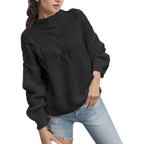 Gibobby Suéter de Cuello Redondo para Mujer, Suéteres de manga larga para mujer, ligeros, de punto con cuello redondo, suéter(Negro,XG)