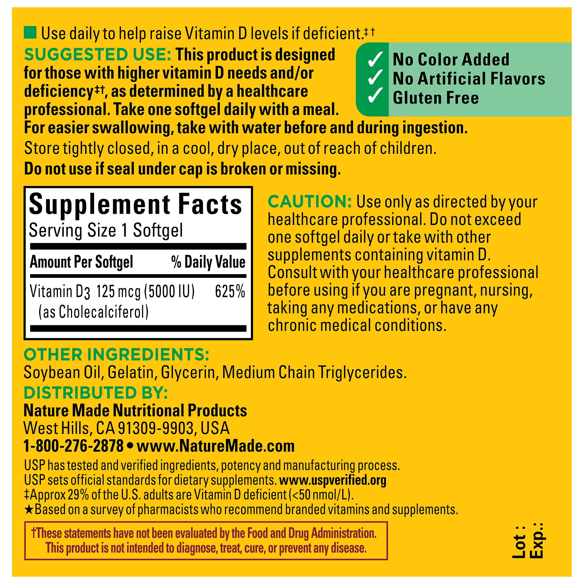 Nature Made Extra Strength Vitamin D3 5000 IU (125 mcg) Softgels, Dietary Supplement for Bone and Immune Health Support, 100 Count
