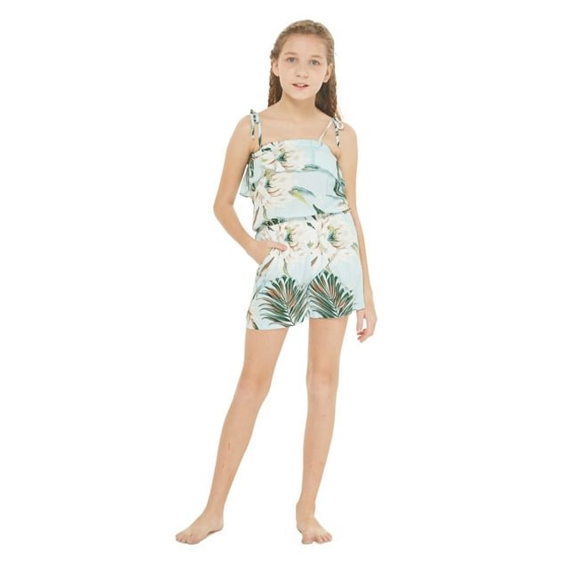 Girl Hawaiian Ruffle Top Jumpsuit Romper in Pink White Hibiscus Vine