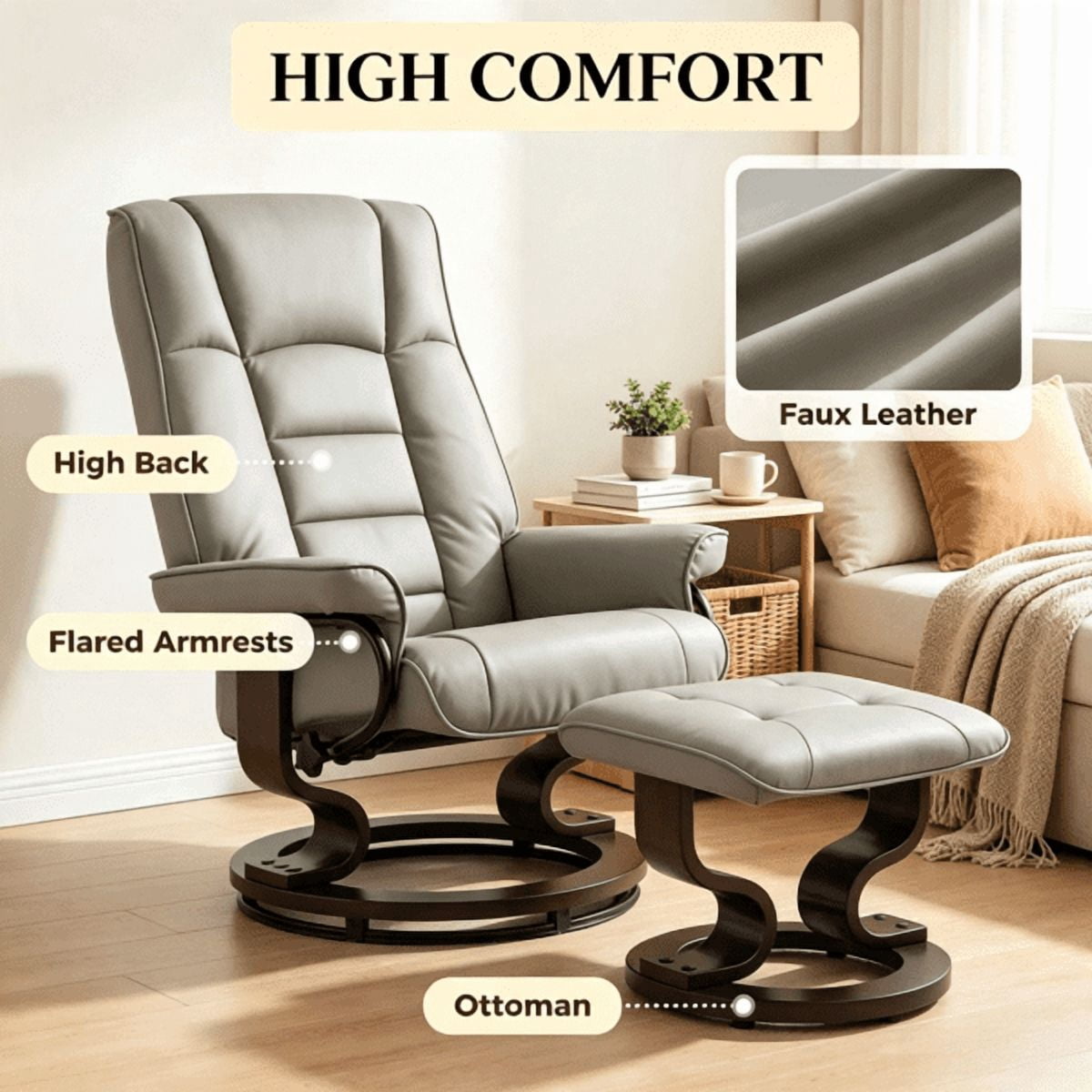 Faux Leather Reclining Chair, Tufted Back & Wood Frame, Manual Recliner, Gray
