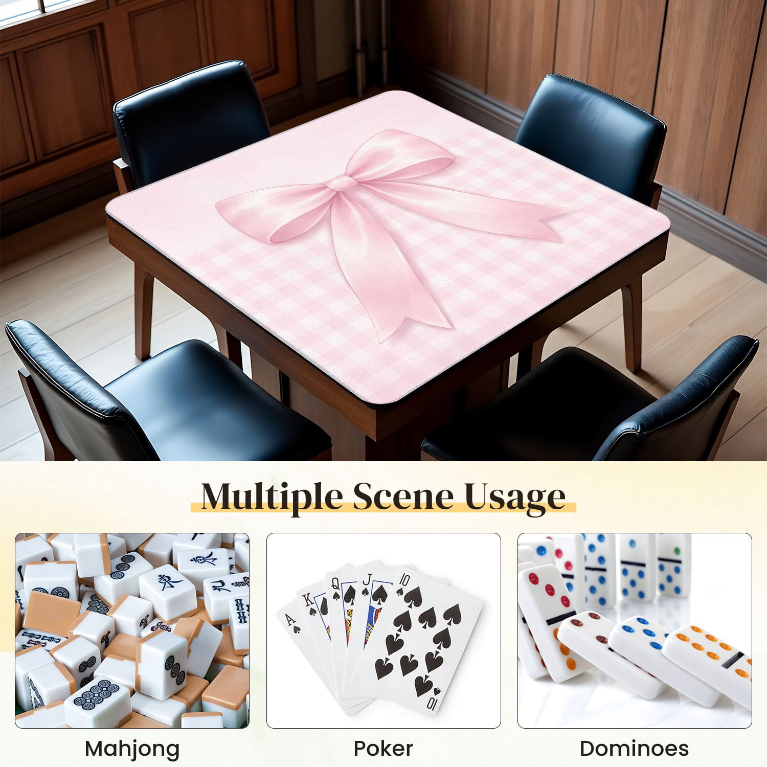 Mahjong Mat 31.5" x 31.5" Soft Pink Ribbon Bow Pastel Gingham Non-Slip Noise Reduction Mahjong Tiles Table Cover for Dominoes Poker Card Board and Tile Games