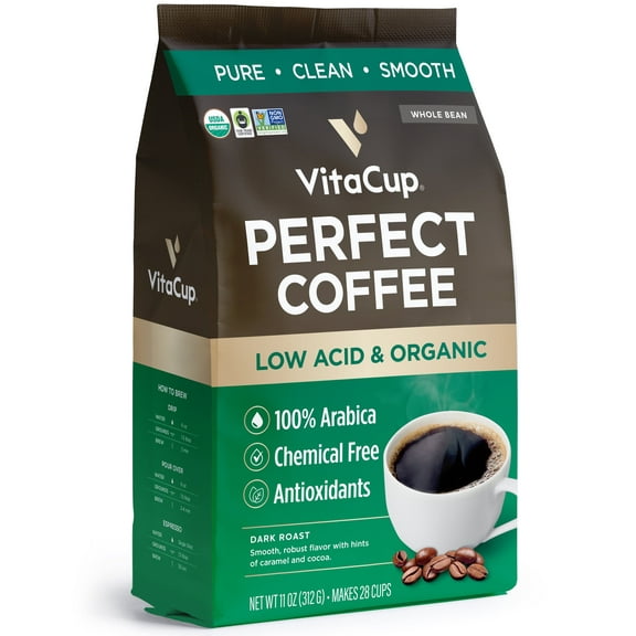 VitaCup Perfect Low Acid Coffee Whole Beans, Dark Roast Organic Coffee, 11 Ounces