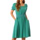 thumbnail image 1 of Vestido de mujer con cuello cuadrado, manga corta, línea A, cintura fruncida Verde XL, 1 of 6