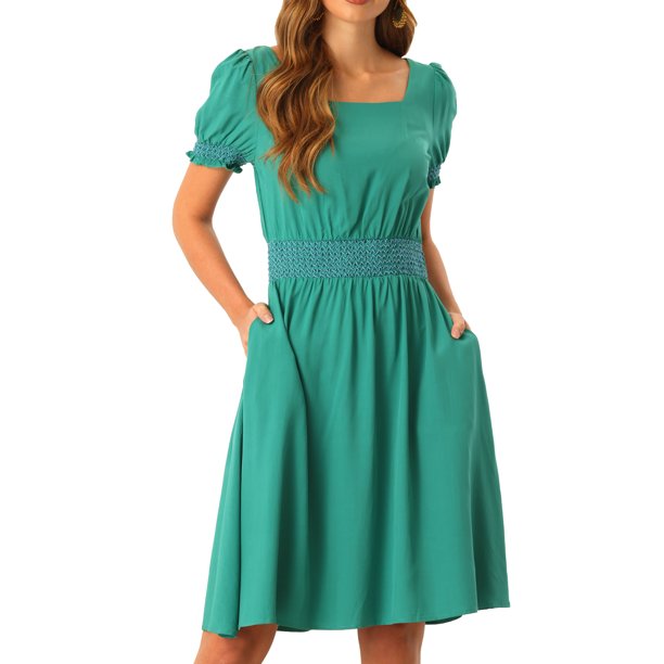 Vestido de mujer con cuello cuadrado, manga corta, línea A, cintura fruncida Verde XL