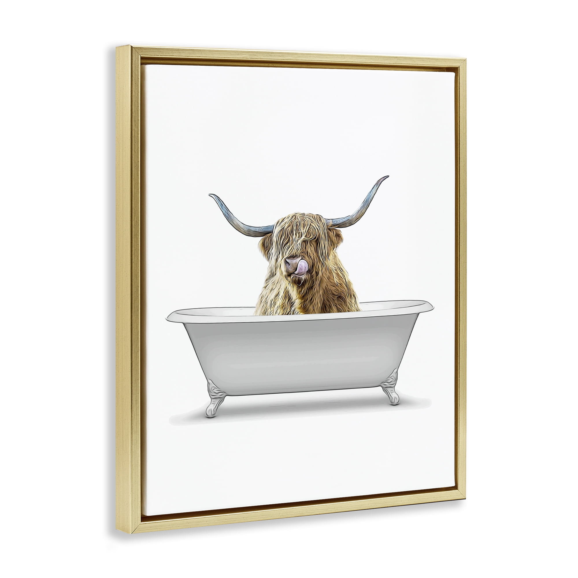 Stupell Industries Traditional Longhorn in Bath Bath & Laundry Painting Gold Floater Framed Canvas Art Print Wall Art, 25 x 31