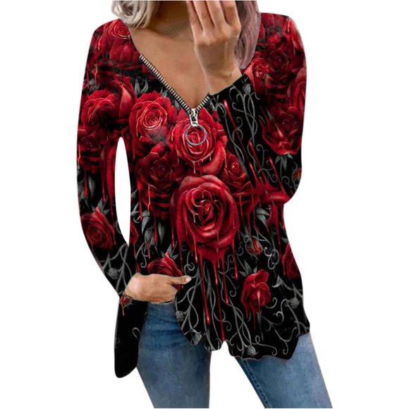 Hauts d'Été pour Femmes Chemise à Fleurs et Rayures Débardeur T-Shirt Décontracté Femmes Hauts Longs à Fermeture Éclair Ample Col en V Manches Imprimées Blouse pour Femmes