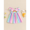 thumbnail image 3 of vera natura Little Girl's Rainbow Dress Casual Cute Dot Print Fly Sleeve Round Neck Dress Multi-color 12-18 Months, 3 of 9