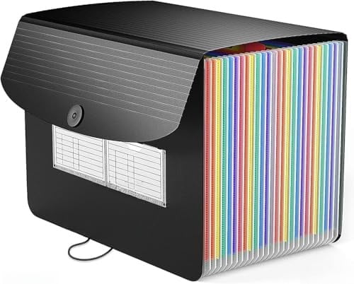 26 Pockets Expanding File Folder, Letter A4 Accordion File Organizer, 3 Tab File Folder, Portable Monthly Paper Bill Tax Receipt Organizer with Colorful A-Z Alphabetical Tabs - Black