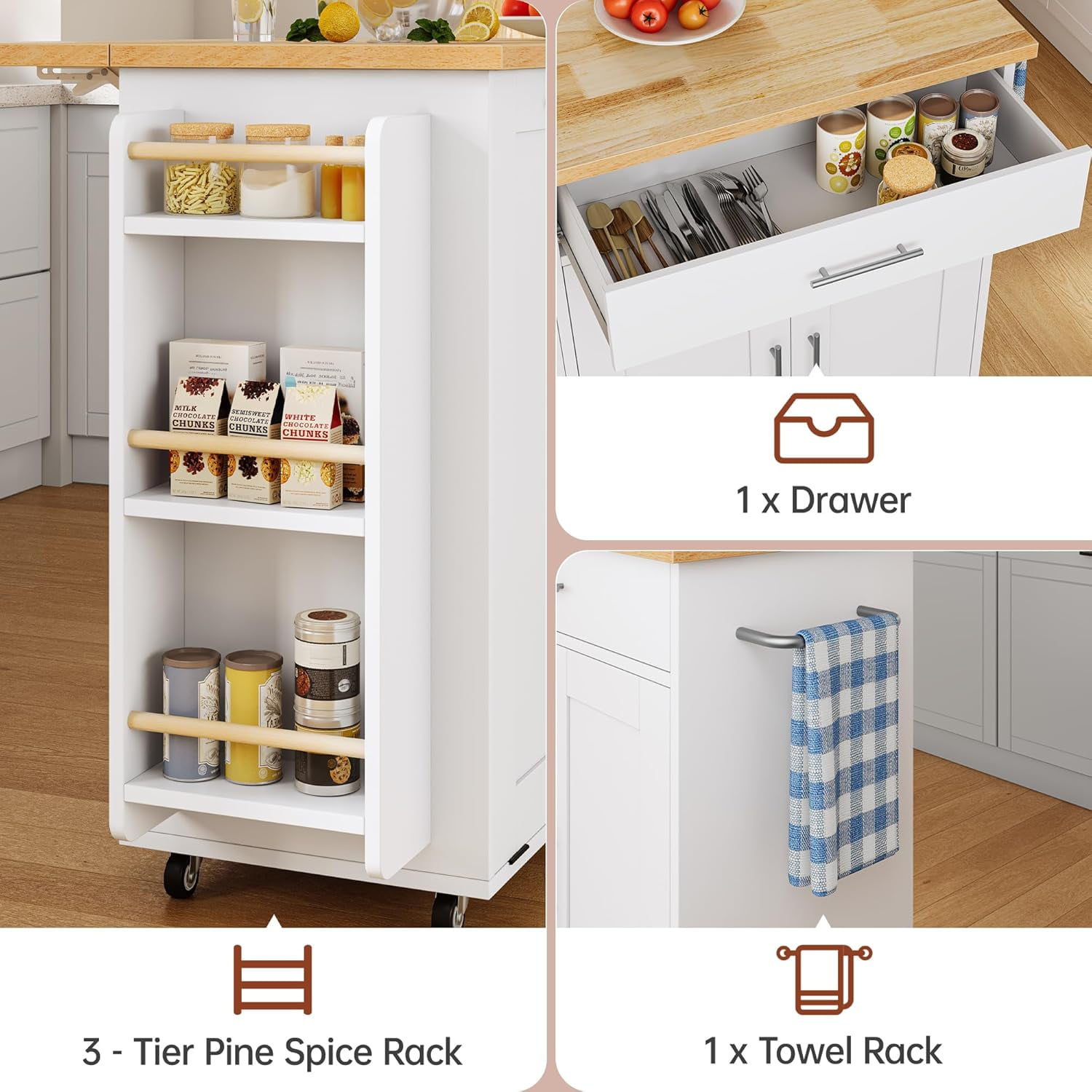 3-Tier Kitchen Island with Hidden Trash Can Storage, Rolling, Drop Leaf, Spice Rack & Drawer