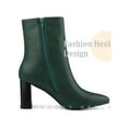 thumbnail image 3 of BLISSFUL STEP Women's Side Zip Pointed Toe Block Heels Ankle Boots Dark Green 6, 3 of 5