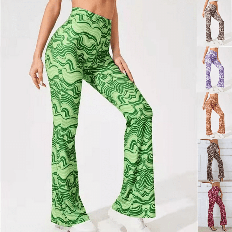  Womens Print High Waisted Flare Pants Leggings Bell Bottom Wide  Leg Lounge Pants Trousers Green Plus Size 0XL