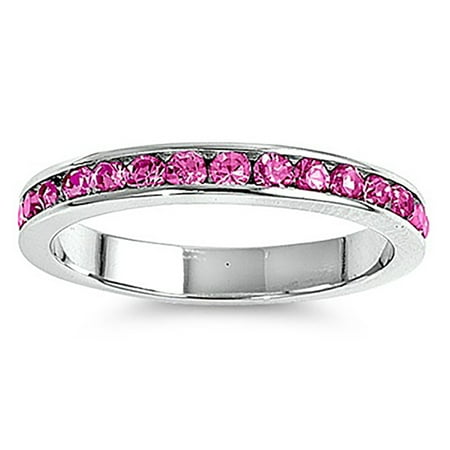 - Lex & Lu 3mm Sterling Silver Rose Pink CZ Eternity Comfort Band Ring Size 5-9