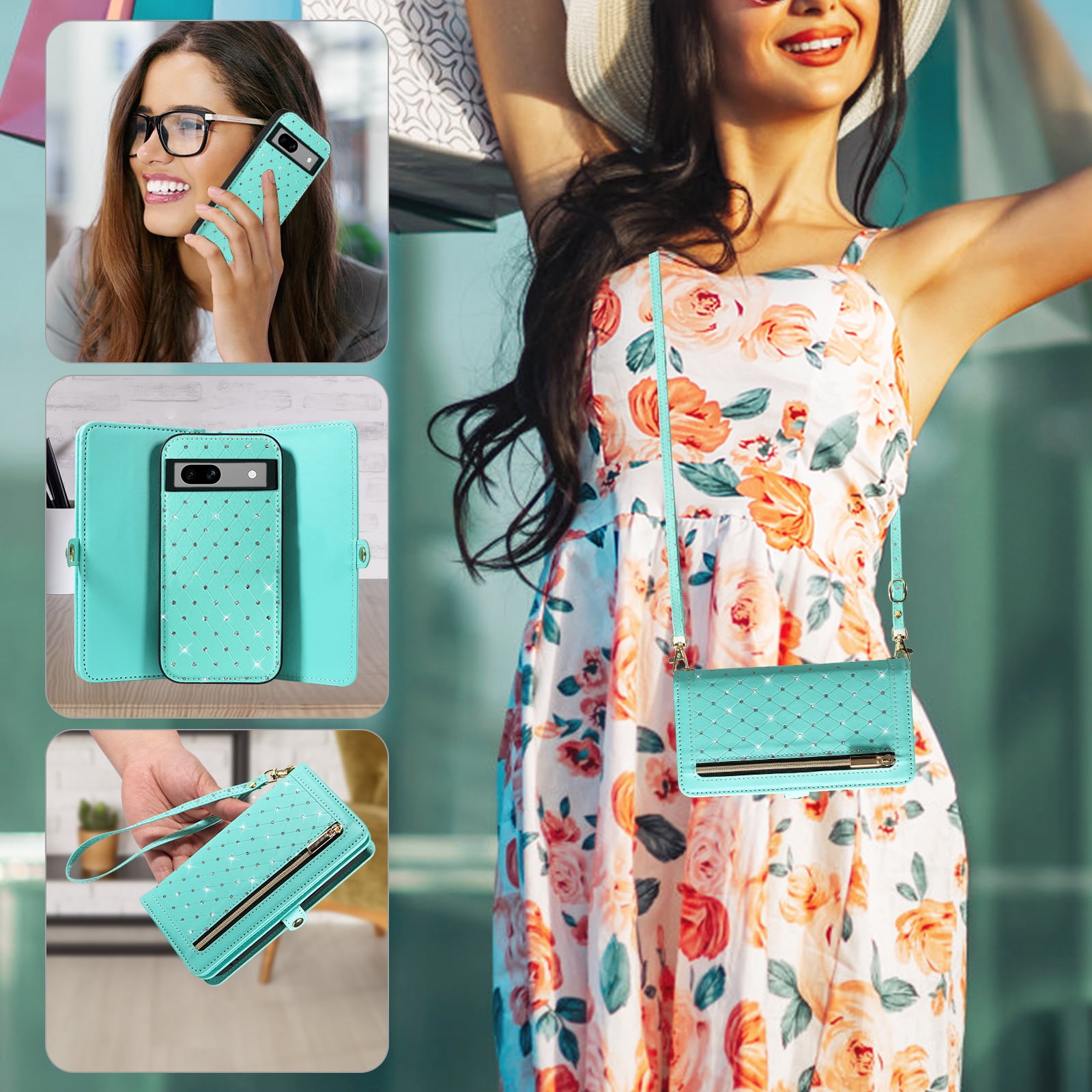 Asuwish Phone Case for Google Pixel 7A 5G 2023 Zipper Wallet Detachable Cell Cover with Tempered Glass Screen Protector Crossbody Lanyard Strap Bling Glitter Flip Card Holder Slot Pixel7A A7 Green