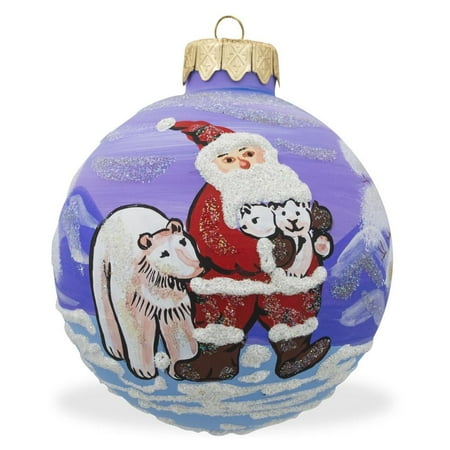 Santa Bear Ornament - Santa and Polar Bear Glass Ball Christmas Ornament 3.25 Inches
