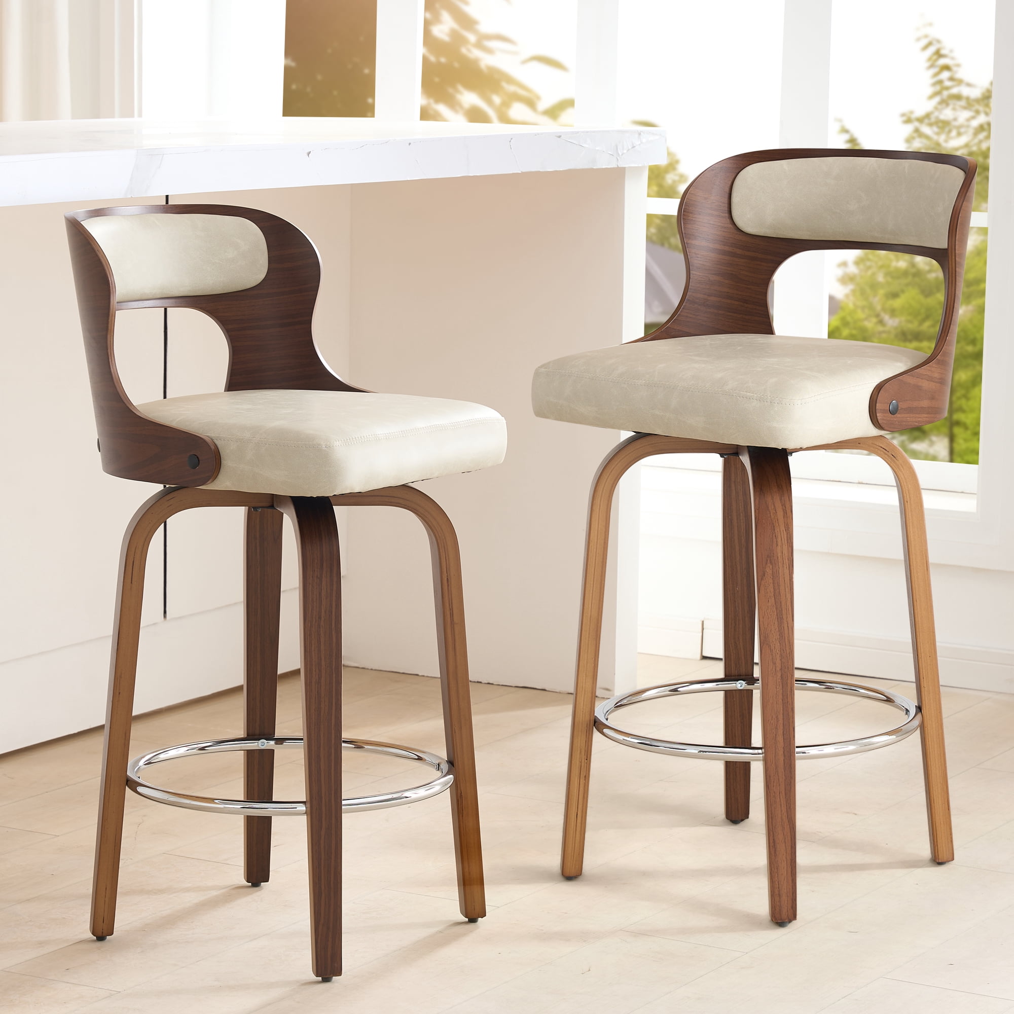 FANCROU 26 inch Swivel Counter Height Bar Stools Set Of 1, PU Leather Seat With Bentwood Back And Legs, Beigegrey