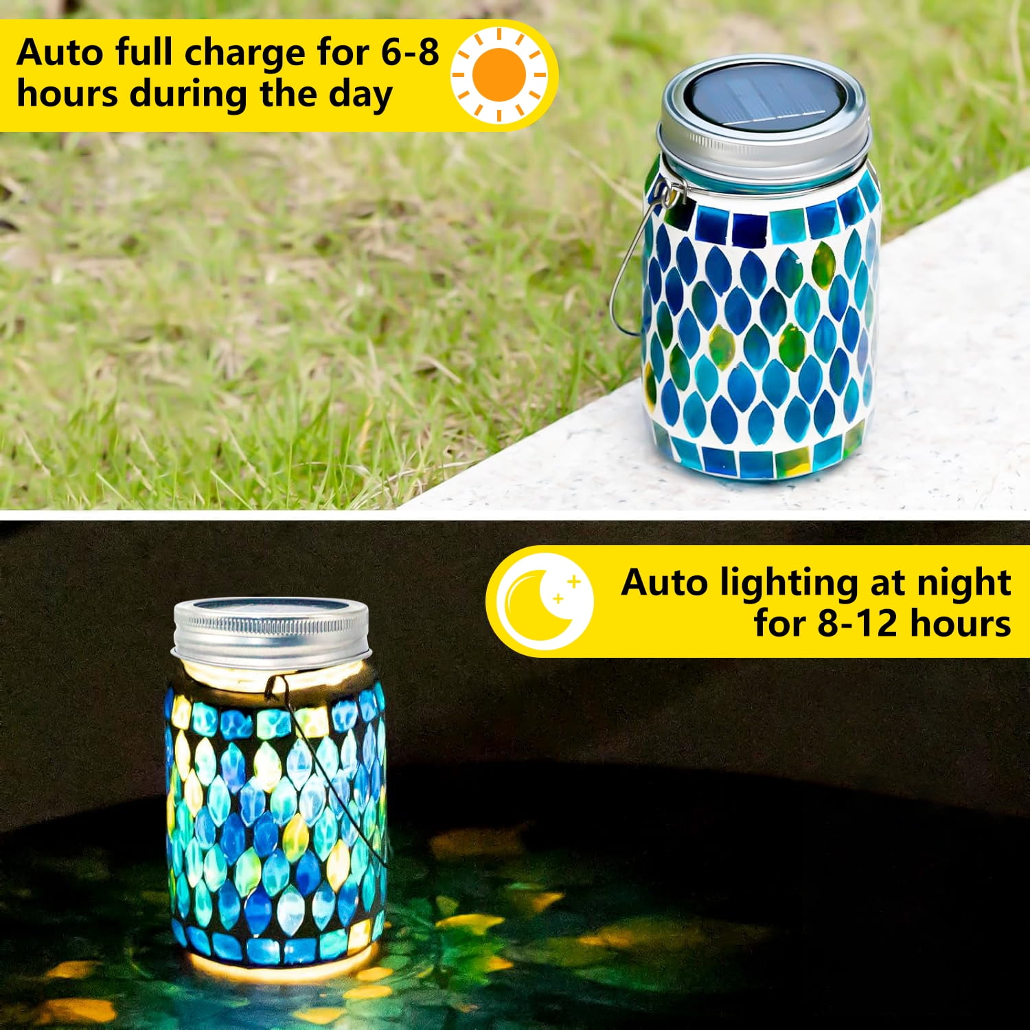 Syenll 2 Pack Mosaic Solar Lantern Lights, Outdoor Waterproof LED Solar Hanging Lights, Table Lamp for Patio Garden Yard Decoration