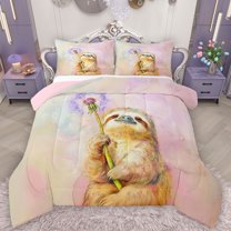 Castle Fairy Cute Sloth Full Size Comforter Sets 3-Piece for Preppy Child,Floral Dandelion Bedding Comforter Set,Cartoon Flower Animal Lightweight Bedding Sets,Gradient Home Decor,Reversible