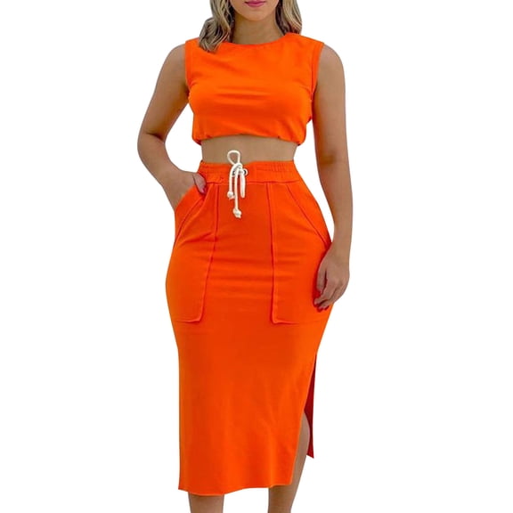 DHFJKG Women's Two Piece Outfits Summer Skirt Sets Sleeveless Crewneck Crop Top High Rise Drawstring Midi Skirts With Pockets Casual Set Holiday Outfit